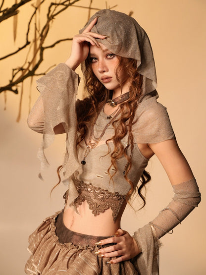 Distressed Brown Cami Top with Lace Edging - Virtual Orbit