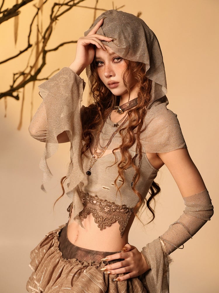 Distressed Brown Lace Trim Cami Top - Virtual Orbit