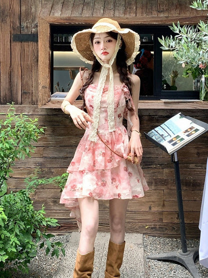 Red Floral Asymmetrical Ruffle Hem Summer Dress - Qchiwawameme