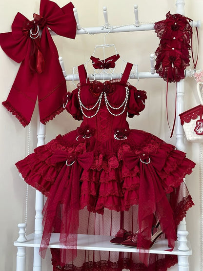 ウエストフラワーバスク裾フェアリースカートドレスジャンパーティアードレッドロリータ花嫁