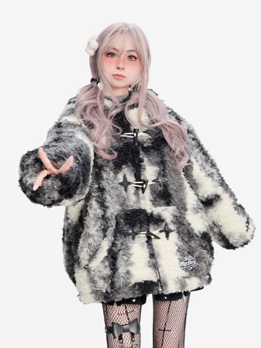 Coat with Adorable Bunny Ears and Crossed Strap Sleeves Beige Black Plush Faux Fur Hooded Duffle