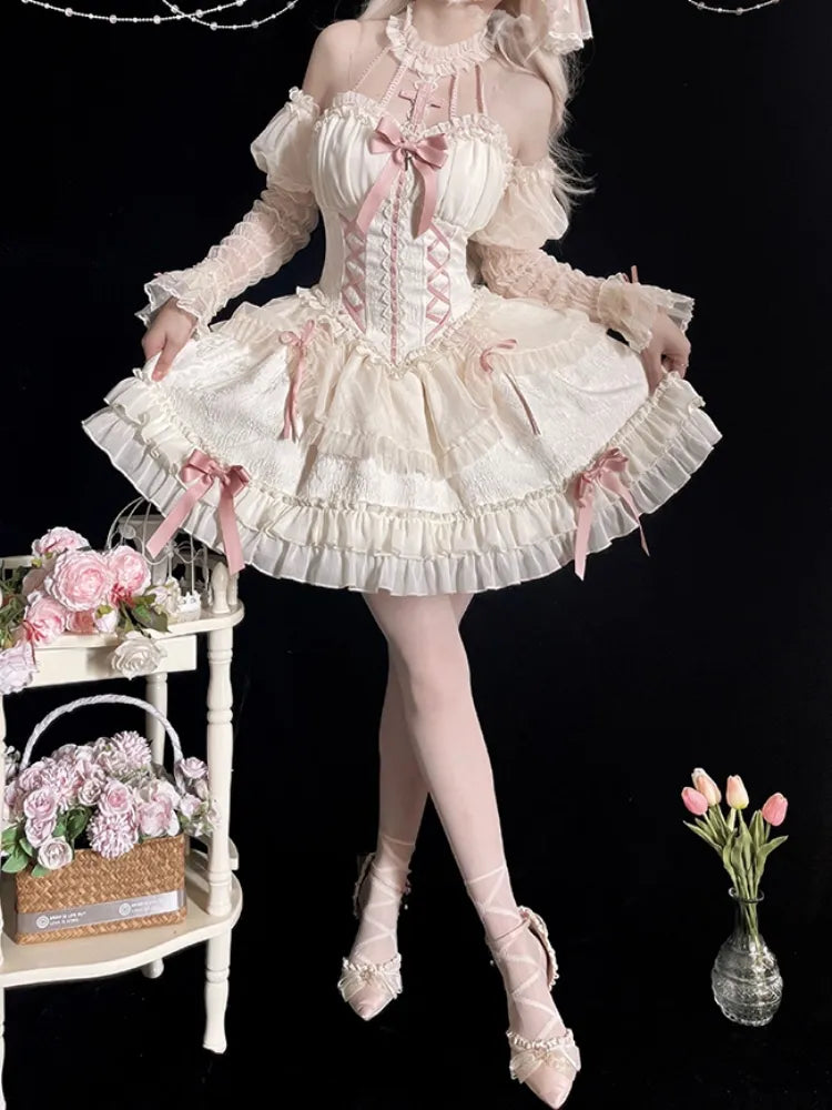Cross Belle Elfenbein und Rosa Korsettkleid Neckholder Balletcore Lolita JSK