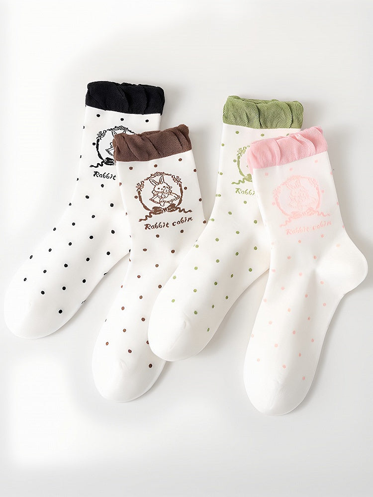 Polka-dot Mint Green/Pink/Black/Brown Print Stock Pattern Ruffled Bunny Calf Lolita