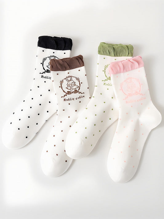 Polka-dot Mint Green/Pink/Black/Brown Print Stock Pattern Ruffled Bunny Calf Lolita