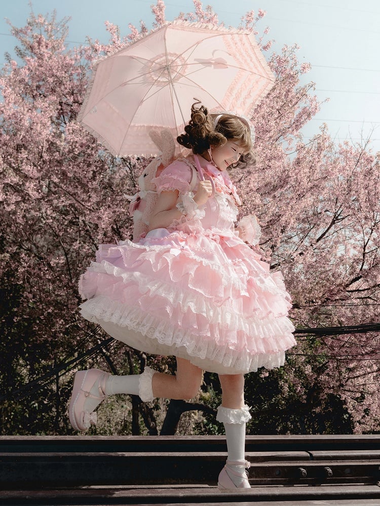 ピンクのプリンセスレイヤードフリルドレス、取り外し可能なパフスリーブ付きスイートロリータジャンパースカート