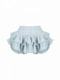 Ruffles Skort Kawaii Pattern Waistband Elastic Blue Tiered Plaid Partial Daily -