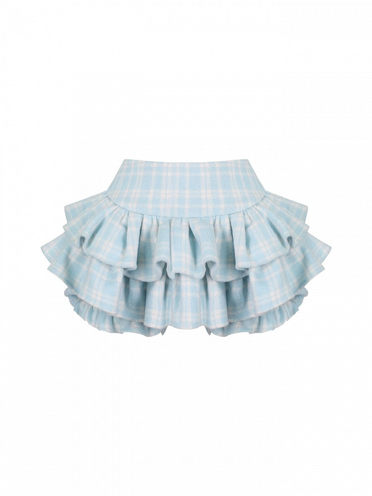 Jupe-culotte à volants motif kawaii, taille élastique, bleue, à volants, à carreaux, style quotidien -