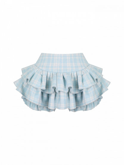 Jupe-culotte à volants motif kawaii, taille élastique, bleue, à volants, à carreaux, style quotidien -