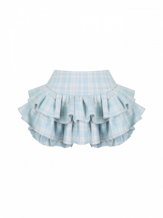 Jupe-culotte à volants motif kawaii, taille élastique, bleue, à volants, à carreaux, style quotidien -