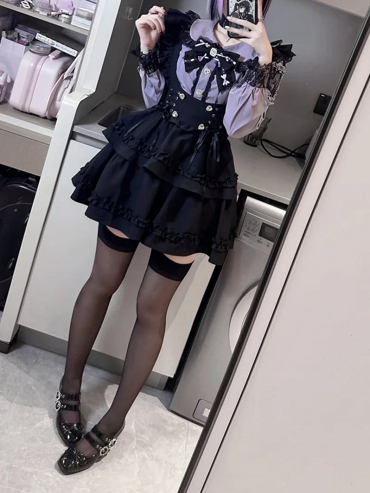 Jirai Kei Two-Piece Set: Purple Blouse with Heart Rhinestone Buttons & Black High-Waist Tiered Suspender Skirt