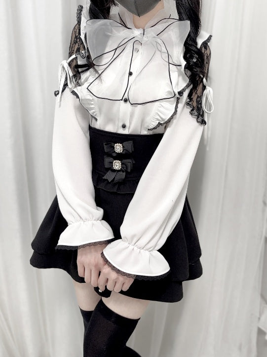 Jirai Kei Black/White/Dusty Cutout Shoulder Blouse Bow Neckline Big Pink