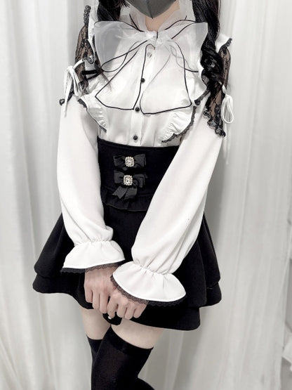 Jirai Kei Black/White/Dusty Cutout Shoulder Blouse Bow Neckline Big Pink