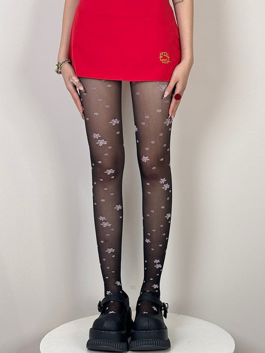 Tights Black/Pink/Purple Pattern Floral