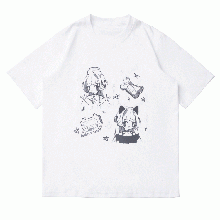 アニメガールプリント ホワイト/ダークTシャツ グレー ラウンドネック コットン