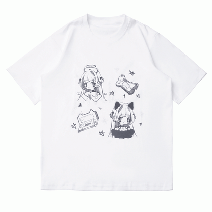 アニメガールプリント ホワイト/ダークTシャツ グレー ラウンドネック コットン