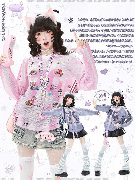 with Striped Sleeve Print Cartoon Long Top Purple/Pink Breathable