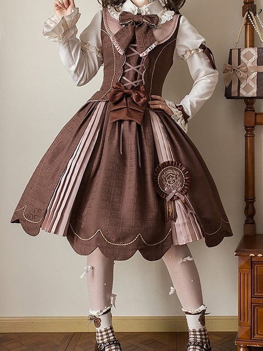Scoop Scalloped with Dress Chocolate Lolita Edge Sweet Hem Neckline Brown