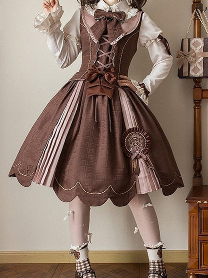 Scoop Scalloped with Dress Chocolate Lolita Edge Sweet Hem Neckline Brown