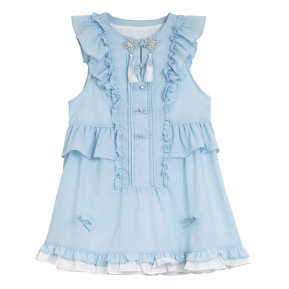 Rococo Back Buttons Style Blue Flutter Sleeves Big Sleeveless Dress Knot Cheongsam Details Tassel Bow