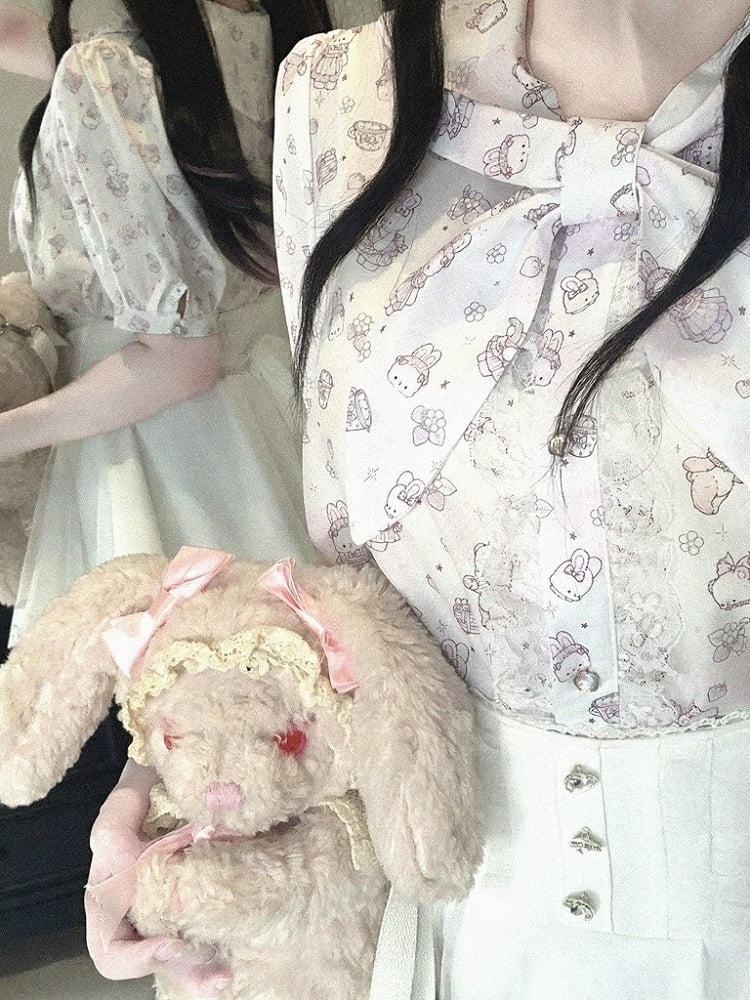 Bunny Ear Bow Collar Blouse, Short Sleeve, Pink & White Print - Kitty Bxllet