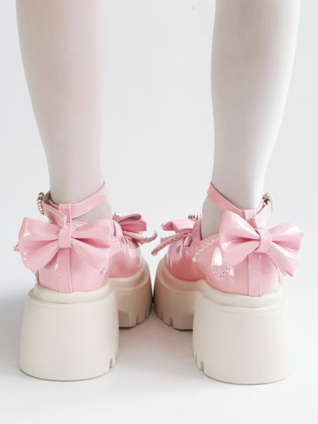 Mary Beaded Pink Details Crossed Janes with Bow Chunky Straps Heel Heart - Closure