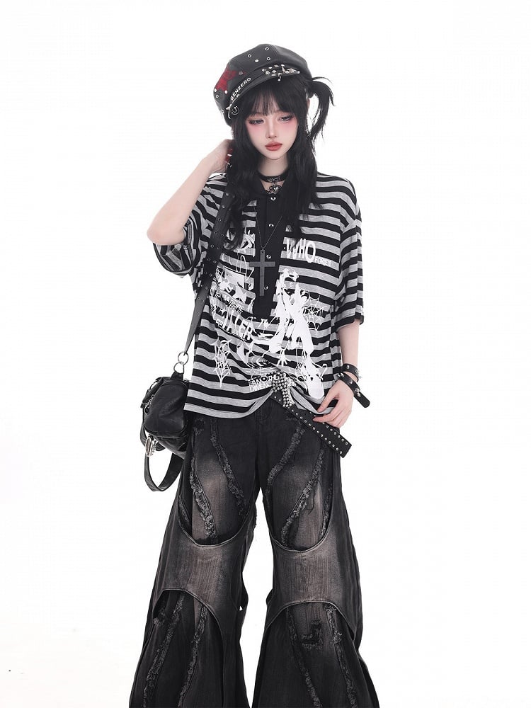 Dark Kawaii Black Striped Loose Short Sleeve T-shirt with Graffiti Print - KNOW8 Online Shop