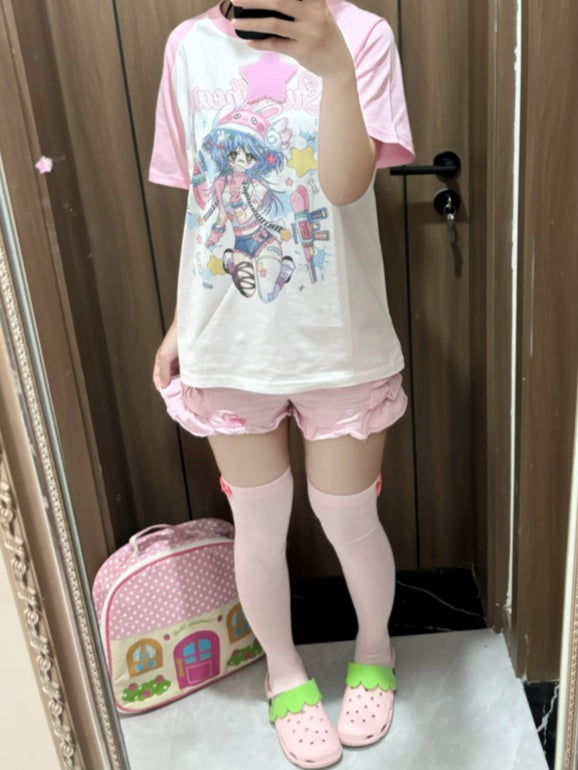 Anime Girl Print T-Shirt Star with Choker Pink and White Colorblock Design Free