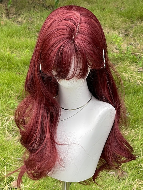 Rosenrote lange gewellte Kunsthaarperücke mit Pony