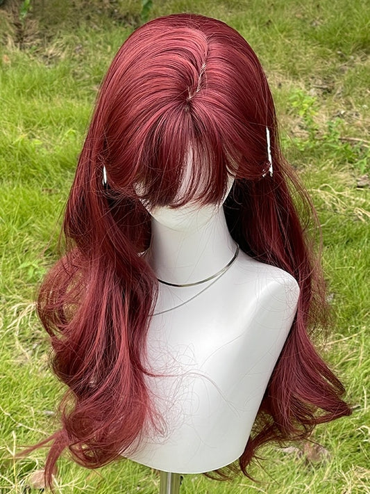 Rosenrote lange gewellte Kunsthaarperücke mit Pony