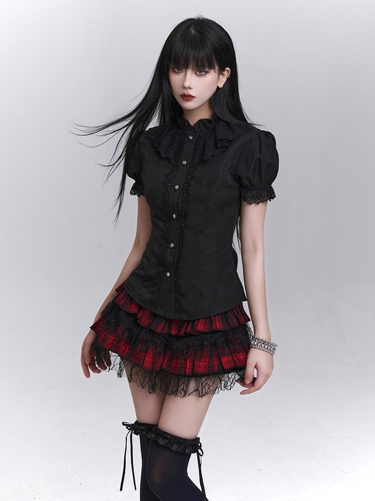 取り外し可能なジャボ付き、ブラックのパフスリーブのヴィンテージゴシックブラウス