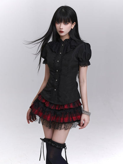 取り外し可能なジャボ付き、ブラックのパフスリーブのヴィンテージゴシックブラウス