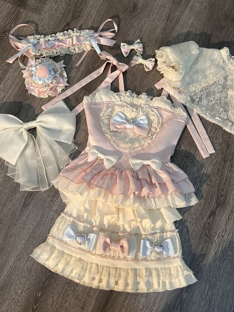 Ärmel Cami Cropped Puff Top + Set Lolita Pink und süßer blauer Rock - Full Accents Bow