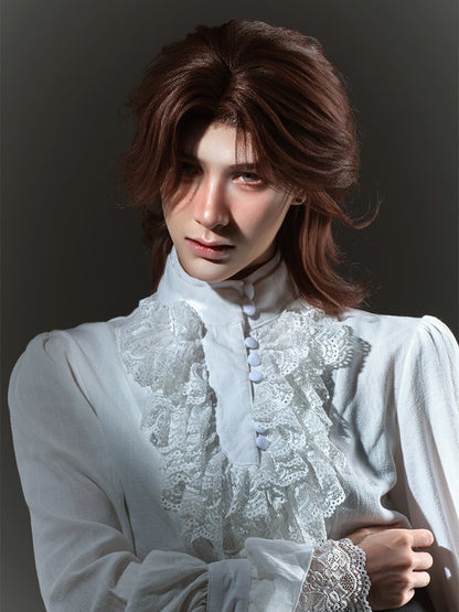 White Lace Ruffle Jabot Stand Collar Long Sleeve Blouse - Castle Too