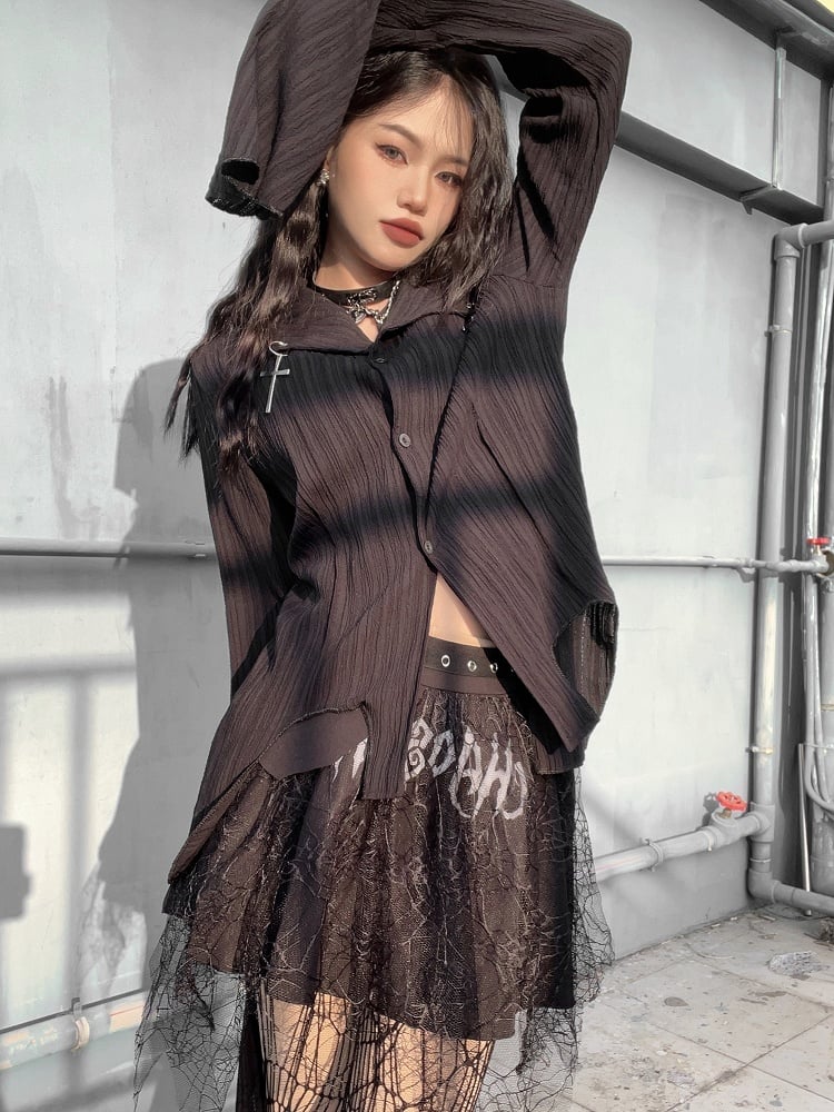 Shirt Cross Hem with Silver Punk Gothic Asymmetric Charms Black