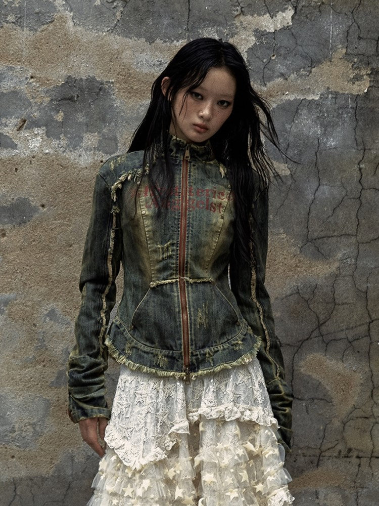 Distress with Denim Cross Red Rock Letter Blue Trim Punk Jacket Washed Patch Print