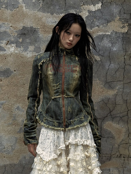 Distress with Denim Cross Red Rock Letter Blue Trim Punk Jacket Washed Patch Print