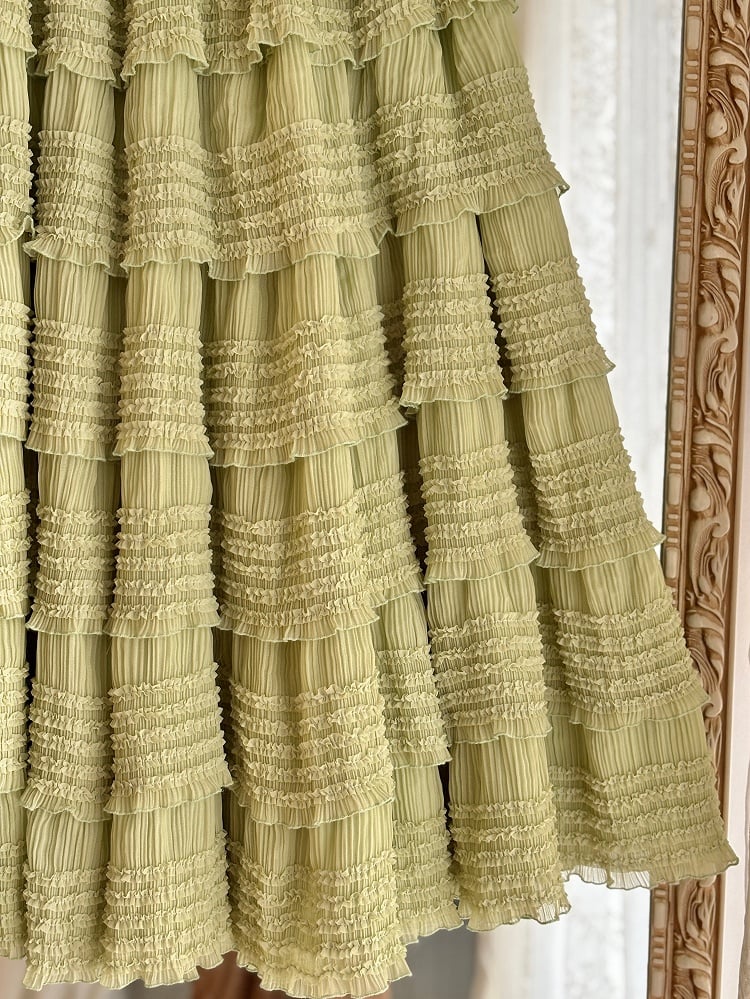 Tea Tiered Green Detail Length Skirt Under Ruffles