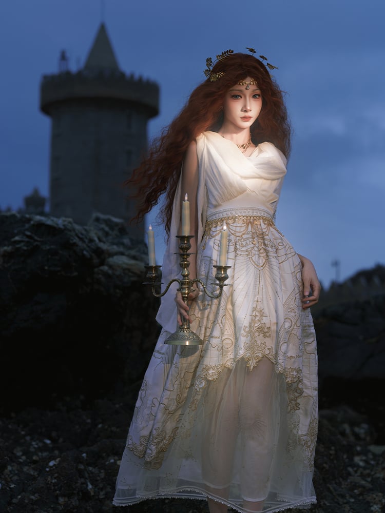 ネックライン ギリシャ風 スカート カウル ゴールド ジャンパー 天体地図 刺繍 ホワイト