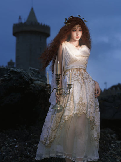 ネックライン ギリシャ風 スカート カウル ゴールド ジャンパー 天体地図 刺繍 ホワイト