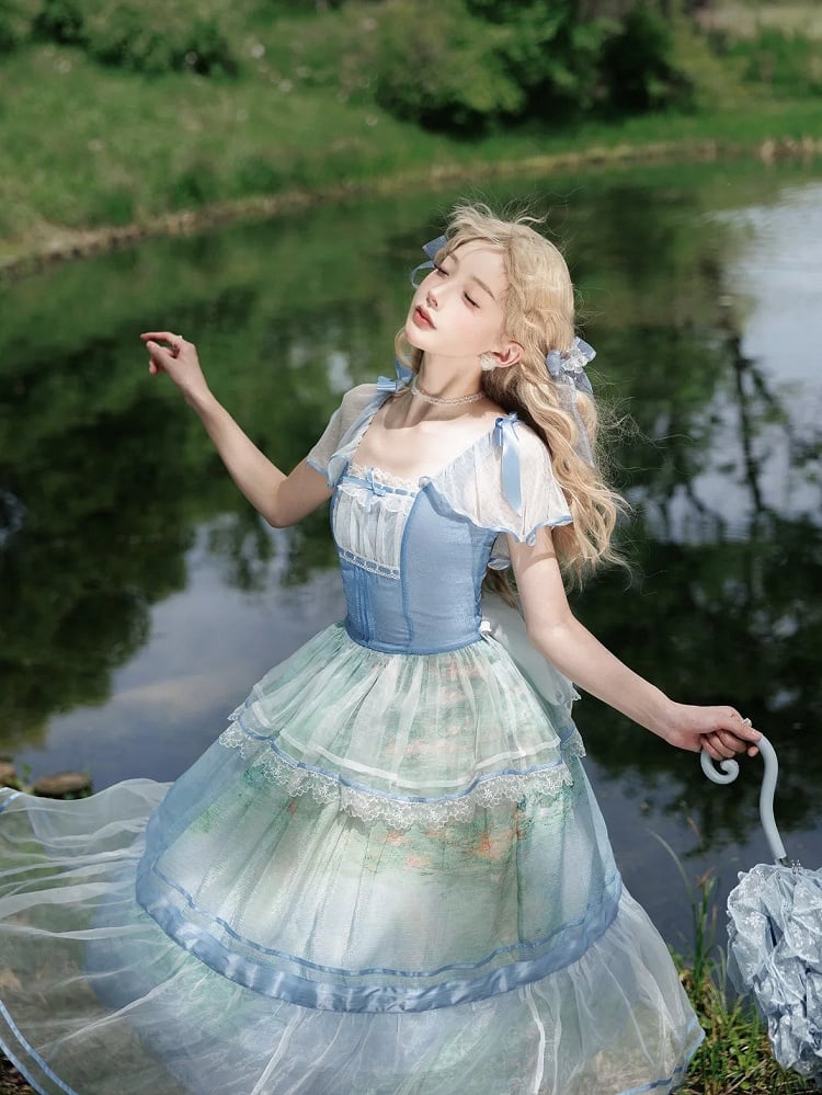 Sleeves One Oil Piece Water Lily Print Sky Square Neckline and Painting Blue Flutter