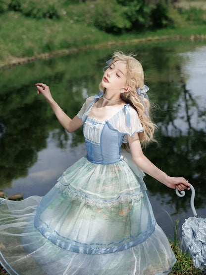 Sleeves One Oil Piece Water Lily Print Sky Square Neckline and Painting Blue Flutter