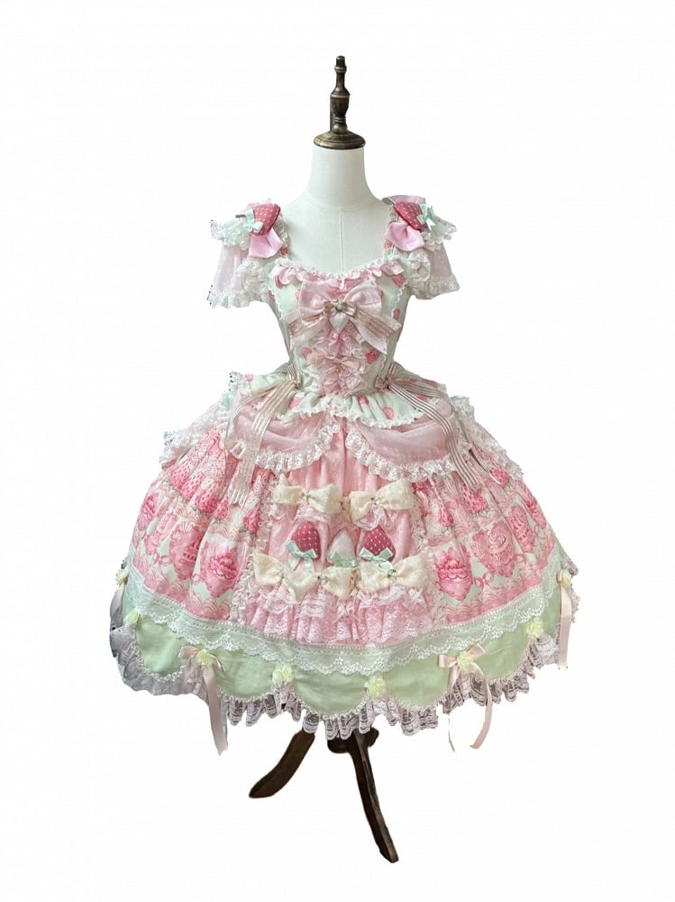 Green & Pink Strawberry Cake Print Flutter Sleeve Lolita JSK - Ball Lolita