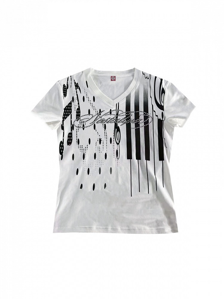 White V-Neck Short Sleeve Tee with Music Note Print - DETW OnLine