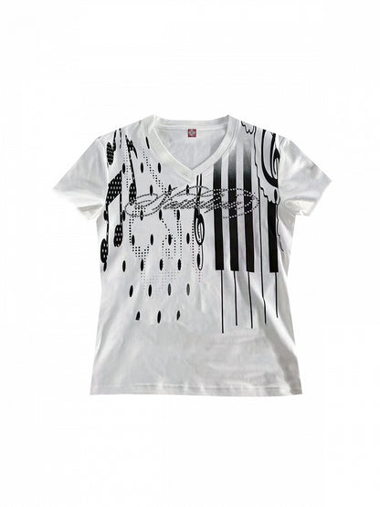 White V-Neck Short Sleeve Tee with Music Note Print - DETW OnLine
