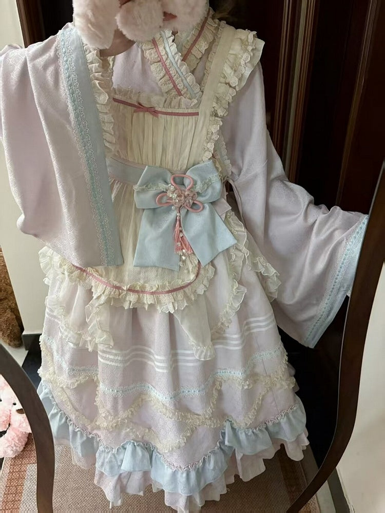 Hanfu-Inspired Lolita Top Set with Long Ruffle Skirt & Apron in Pink Blue - Berry Story Lolita