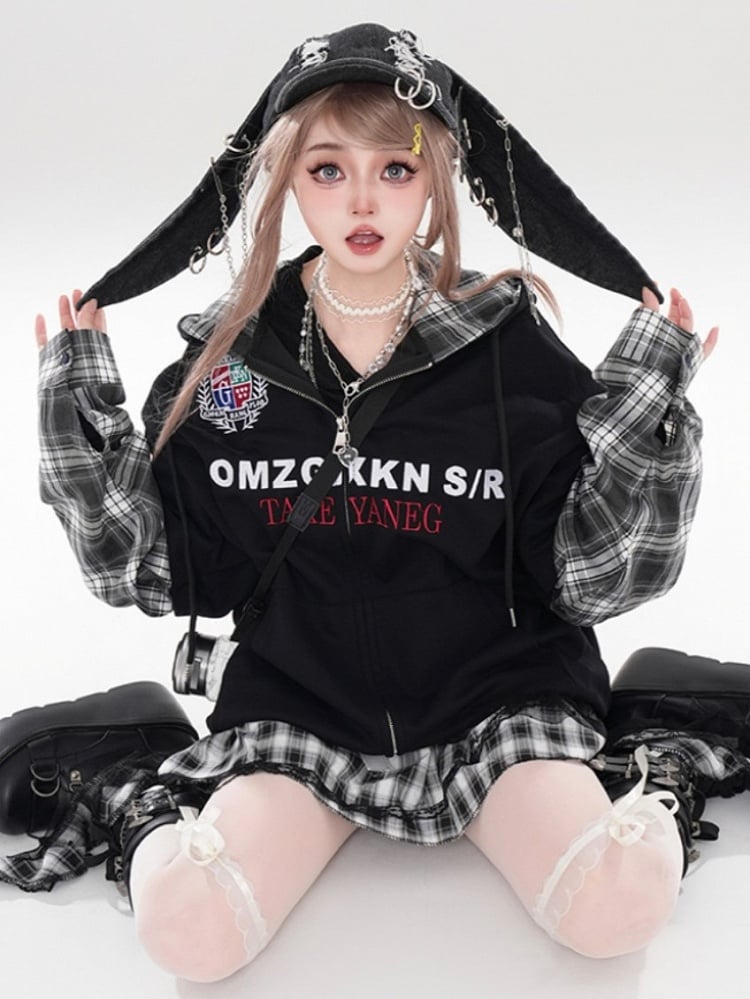 Plaid Patchwork Hoodie Schwarz Ärmel Weiß