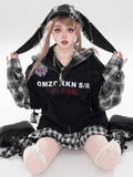 Plaid Patchwork Hoodie Schwarz Ärmel Weiß