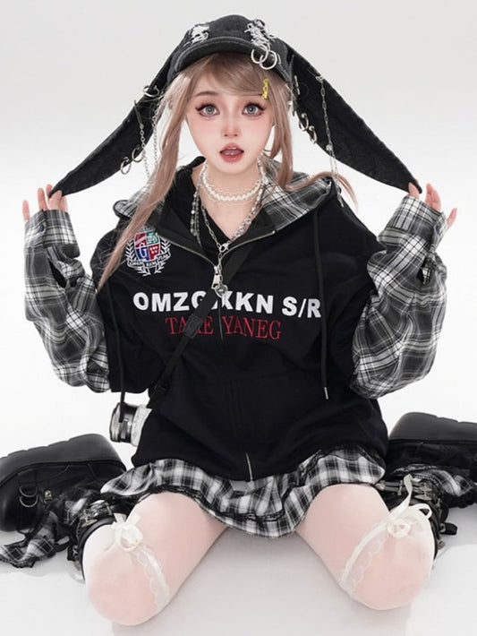 Plaid Patchwork Hoodie Black Sleeve White