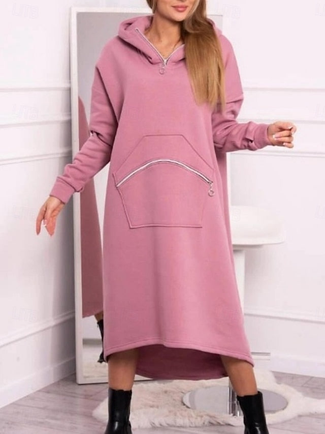 FashionChic Women's Hooded Midi Dress | Casual Polyester Dress with Pockets & Zipper (S-5XL)