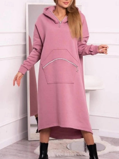 FashionChic Women's Hooded Midi Dress | Casual Polyester Dress with Pockets & Zipper (S-5XL)